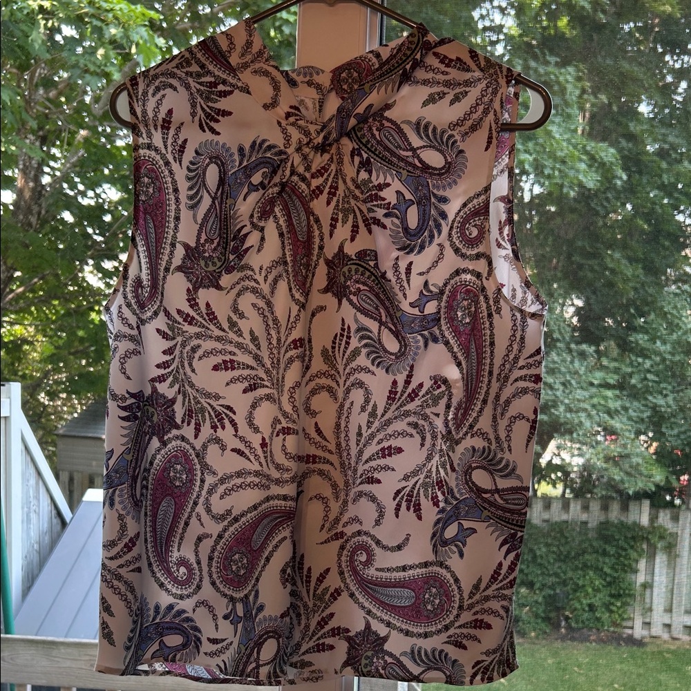LOFT Sleeveless Paisley Blouse in Cream and Blue